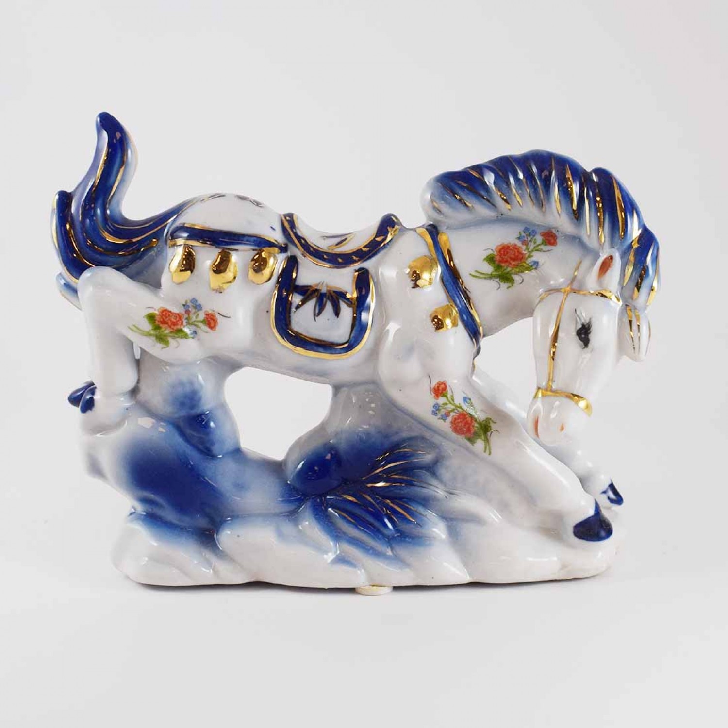 Vintage Porcelain Horse Figurines Mustang Set Of Horses Blue And Gold